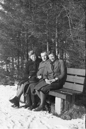 Gruppe auf einer Bank in winterlicher Landschaft