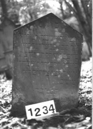 Grabstein 1234 (Index: 99900025) Material: Sandstein Zustand: leicht angewittert Maße HxBxT: 77x50x11 cm Beschreibung: Stele mit Dreiecksabschluss, im Dreiecksfeld winzige eingeritzte Levitenkanne Symbolik: Levitenkanne: Grabstein 1234