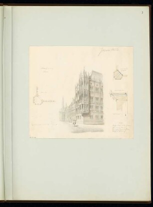 Eckerker für ein dreistöckiges Wohnhaus Monatskonkurrenz Februar 1856: Grundriss, Vertikalschnitt und Horizontalschnitt zur Konstruktion, perspektivische Ansicht; Maßstabsleiste