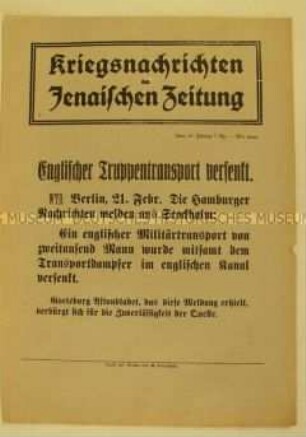 Nachrichtenblatt der "Jenaischen Zeitung" zur Versenkung eines britischen Militärtransportschiffes