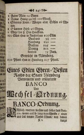 Eines Edlen Ehren- Vesten Raths der Stadt Nürnberg Verneuerte und erläuterte Banco Und Wechsel- Ordnung.