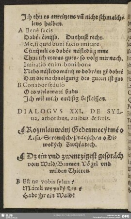 Dialogus XXI. De Sylva, arboribus, avibus & feris