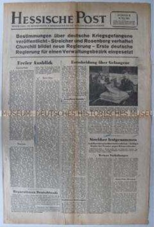 Nachrichtenblatt der US-Armee "Hessische Post" u.a. zur Lage in Deutschland und zur Behandlung deutscher Kriegsgefangener