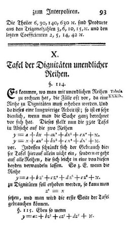 X. Tafel der Dignitäten unendlicher Reihen