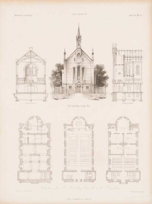Golgathakapelle: Grundrisse, Ansicht, Schnitte (aus: Architektonisches Skizzenbuch, H. 92/4, 1868)