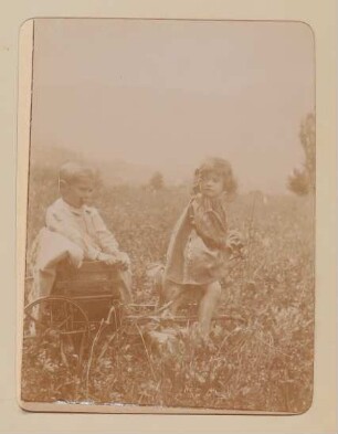 Christiane von Hofmannsthal mit einem Jungen auf einer Kinderkutsche auf einer Wiese in Aussee