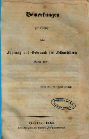 Bemerkungen zur Schrift: Ueber Führung und Gebrauch der Feldartillerie