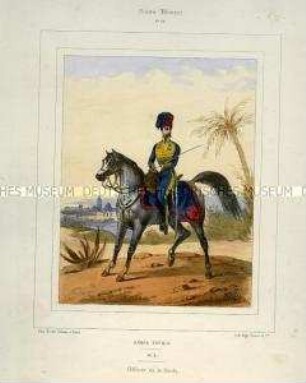 Uniformdarstellung, Garde-Offizier zu Pferd, Türkei, 1832/1848. Tafel Nr. 98 aus: Galerie militaire. Collection des Costumes Militaires de toutes les Nations. Paris 1840 - 1855.