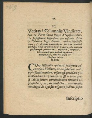 II. Veritas a Calumniis Vindicata.