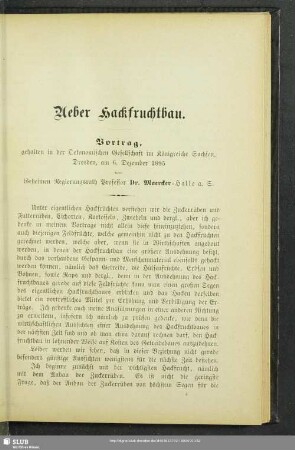 Ueber Hackfruchtbau : Vortrag, gehalten in der Oekonomischen Gesellschaft im Königreiche Sachsen, Dresden, am 6. Dezember 1895