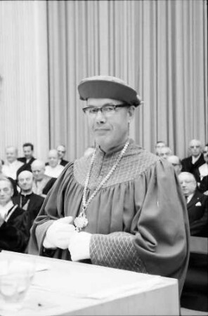 Freiburg: Audimax, Rektoratsübergabe, Professoren, Antrittsansprache Magnifizenz Prof. Mitscherlich