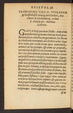 Clarissimo Viro D. Wolfgango Reissenbusch ... Martinus Lutherus.