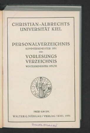 SS 1931/WS 1931/32: Personalverzeichnis Sommersemester 1931 und Vorlesungsverzeichnis Wintersemester 1931/32