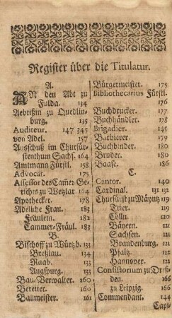 Register über die Titulatur