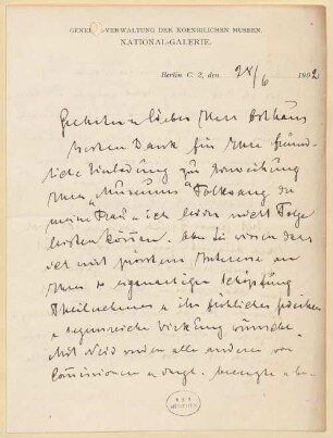 Brief von Hugo von Tschudi an Karl Ernst Osthaus - BSB Autogr. Tschudi, Hugo von