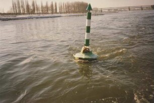 Durch Treibeis beschädigte Tonne im Rhein