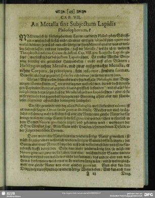 Cap. VII. An Metalla sint Subjectum Lapidis Philosophorum?