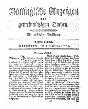 26stes Stück. Sonnabends, den 4ten Julii, 1772.