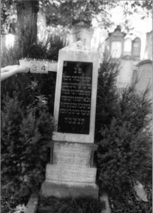 Grabstein 34 (Index: 100086666) Material: Marmor mit schwarzer Platte Zustand: Sockel verwittert Maße HxBxT: 159x50x22 cm Beschreibung: Obelisk, getreppter Sockel, Schrifttafel rechteckig: Grabstein 34