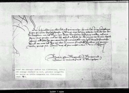 Briefwechsel der Gräfin. Darunter: Graf Ludwig 1449; Erzherzogin Mechthild 1468-79; Gräfin Barbara 1478; mit Baden 1461, 1472; Burgund 1454, 1462; Frankreich 1461; Herzog von Mailand 1473; Pfalz-Bayern 1455-78; Fürstin Jolante von Piemont 1475, 1460; Haus Savoyen 1453-74; Kloster Binsdorf 1470, 1471; Peter von Hagenbach, undat.; Schultheiß von Luzern Heinrich von Humwil 1469-72; Francois Malet 1456-65; Amtmann zu Möckmühl 1456-62; Schultheiß zu Backnang 1468-78; Dr. Heinrich Steinhöwel 1474; Graf Johann von Werdenberg 1467; Propst Ulrich Wirtemberger zu Stuttgart 1473; Komthur zu Ysenheim 1456, 1458.