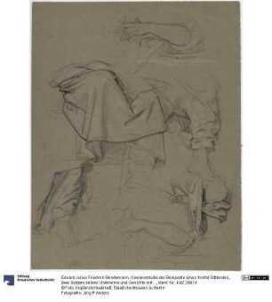 Gewandstudie der Beinpartie eines frontal Sitzenden, zwei Skizzen seines Unterarms und Gesichts mit vor den Mund gehaltener Hand (Studie zu "Wegführung der Juden in die Babylonische Gefangenschaft")