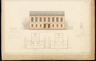 Schulhaus Monatskonkurrenz Mai 1846: Grundriss Erdgeschoss, Obergeschoss, Aufriss Straßenansicht; 2 Maßstabsleisten, Erläuterungstext