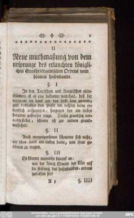 II Neue muthmaßung von dem ursprunge des erlauchten königlichen Grosbrittannischen Ordens vom blauen Hosenbande.