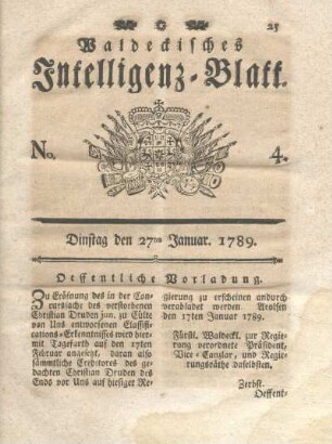 No. 4, Dinstag den 27ten Januar 1789