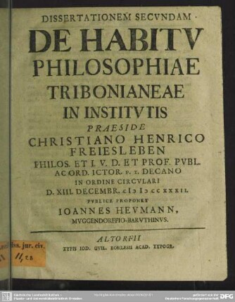 Dissertatio Secundam De Habitu Philosophiae Tribonianeae In Institutis