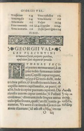 Georgii Vallae Placentini de humanae faciei, corporis partibus, opusculum sane elegans et perutile.