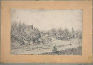 Das Dorf Leubnitz (Dresden-Leubnitz-Neuostra), Eingang in das Dorf von Süden von Goppeln (Dresden-Goppeln) aus, mit der Leubnitzer Kirche rechts