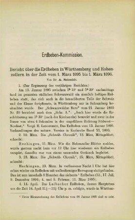 Erdbeben-Kommission. Bericht über die Erdbeben in Württemberg und Hohenzollern vom 1. März 1895 bis 1. März 1896, nebst Nachträgen