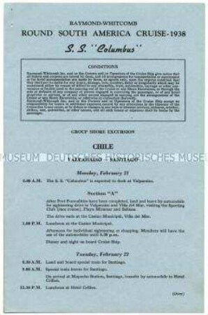 Ausflugsprogramm von der Südamerika-Rundreise auf der "Columbus" für den Aufenthalt in Chile (englisch) - Nachlass