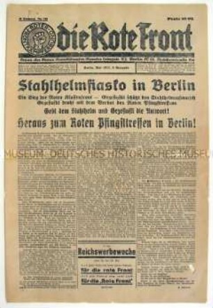 Titelblatt der Wochenzeitung des RFB "Die Rote Front" u.a. zum bevorstehenden Pfingsttreffen in Berlin