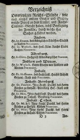 Verzeichniß Dererjenigen Reichs-Stände/ wie auch einiger andern Grafen und Städte, welche Proceß an dem...Cammer-Gericht haben, nebst Beyfügung der Anwälde,[...]
