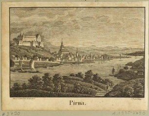 Stadtansicht von Pirna mit dem Sonnenstein und der Marienkirche von Nordosten über die Elbe