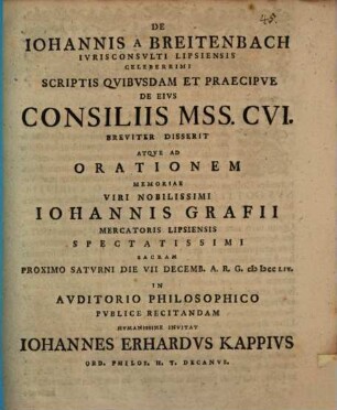 De Johannis a Breitenbach ICti Lipsiensis scriptis quibusdam et praecipue de eius consiliis mss. CVI