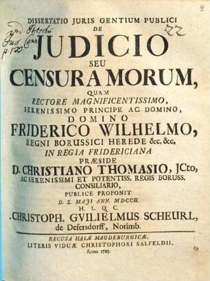 Dissertatio Juris Gentium Publici De Judicio Seu Censura Morum