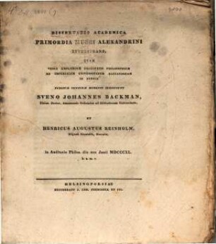Diss. acad. primordia Musei Alexandrini investigans