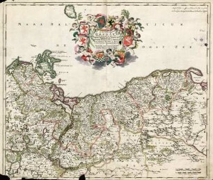 Ducatus Pomeraniae Tabula Generalis ; In qua sunt Ducatus Pomeraniae Stettinensis Cassubiae Vandaliae et Bardensis Principatus Rugiae ac Insulae Comitatus Guskoviensis et Dominia Louwenburgense Wolgastense et Butoviense