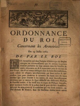 Ordonnance du roi, concernant les armoiries : du 29 Juillet 1760 ; de par le roi