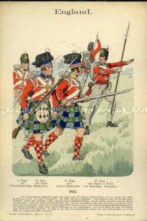 Uniformdarstellung, Gemeine verschiedener Schottischer Infanterie-Regimenter, Königreich Großbritannien, 1813.