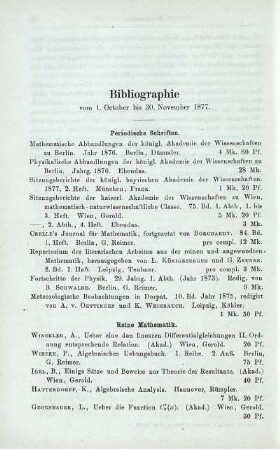Bibliographie vom 1. October bis 30. November 1877.