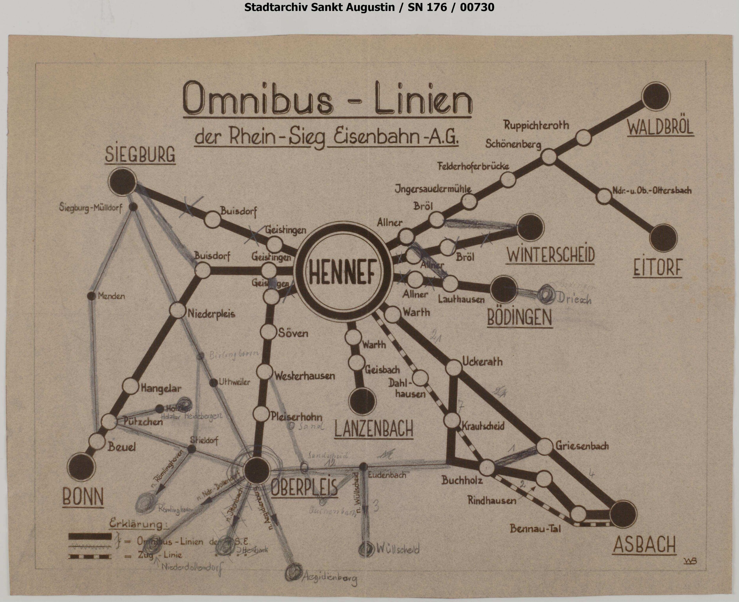 Liniennetzplan Omnibusnetz der RSE samt Bahnstrecke Hennef - Asbach. Änderungseinträge mit Bleistift. | Digitalisierung: Stadtarchiv Sankt Augustin
