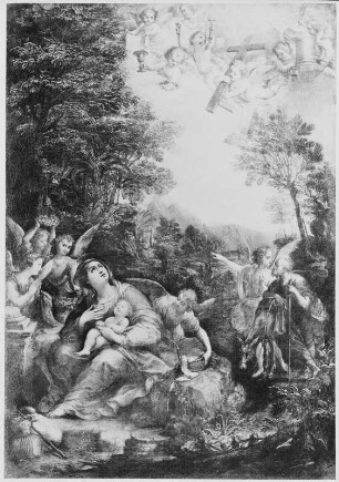 Die Ruhe auf der Flucht nach Ägypten : Albani, Francesco (1578-1660, Schule des Francesco Albani): Die Ruhe auf der Flucht nach Ägypten. Leinwand; 0,725 x 0,50 m. Gemäldegalerie Alte Meister, Kriegsverlust