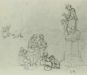 Landleute und Kinder vor einer Johannes-Nepomuk-Statue