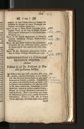 Supplementum VI Catalogi Mstorum Majoris, exhibens Politica & ad Jus Publicum & Feudale spectantia MSSta.
