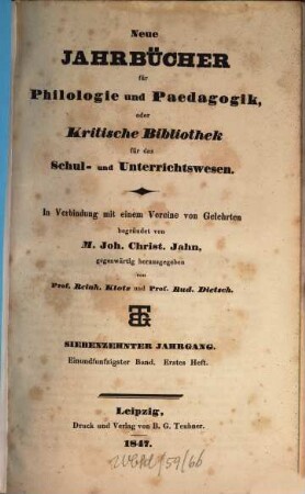 Neue Jahrbücher für Philologie und Pädagogik. 51 = Jg. 17. 1847