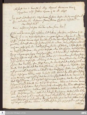 Brief von August Hermann Francke an Johann Samuel Schuhmacher.