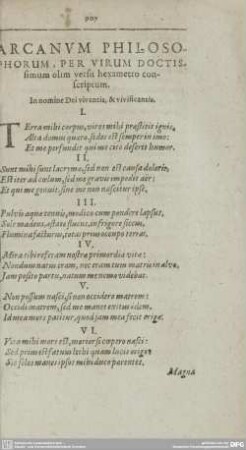 ARCANVM PHILOSOPHORUM, PER VIRUM DOCTISsimum olim versu hexametro conscriptum.